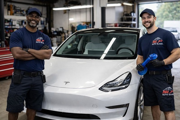 SLP Auto Glass technicians standing beside a Tesla vehicle inside a professional auto glass repair facility