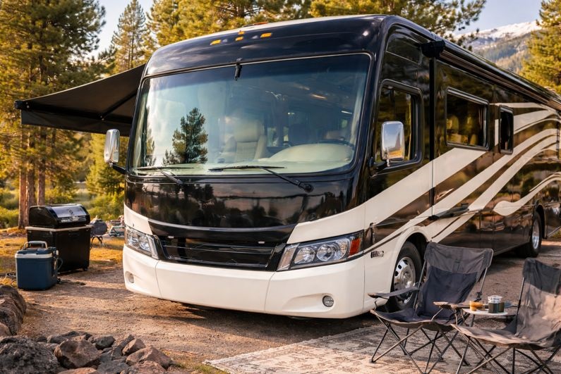 Long-lasting RV windshield after professional replacement, showing clear glass and proper fit on a Class A motorhome
