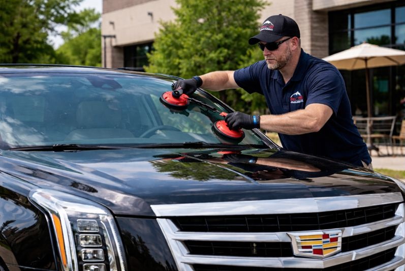 Cadillac windshield replacement by SLP Auto Glass with free mobile service in Lakewood and Denver