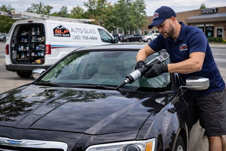 Mobile Chrysler windshield replacement by SLP Auto Glass technician at a customer location