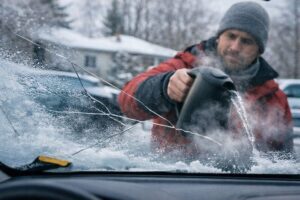 Cold weather windshield crack caused by sudden temperature change on a car in winter conditions