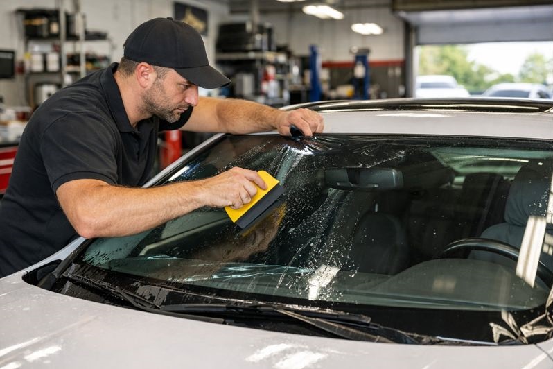 Windshield tint being applied after replacement at SLP Autoglass by a professional technician in an auto glass shop