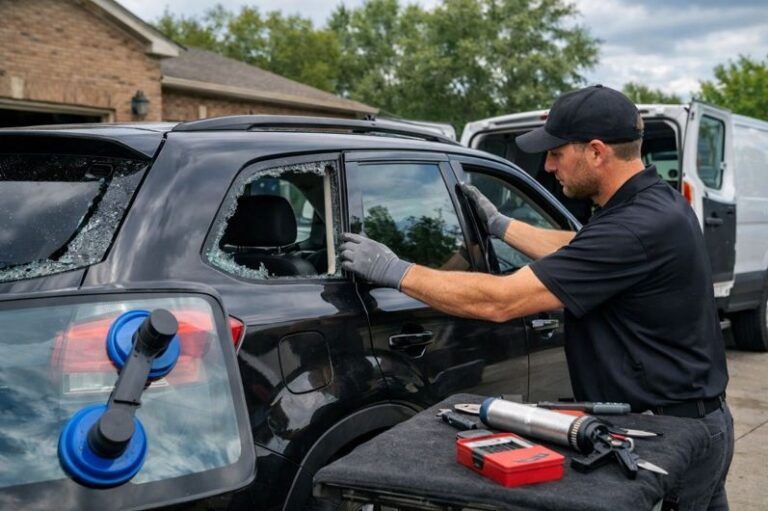 Mobile windshield technician replacing a side window on an SUV during on site auto glass service by SLP Autoglass