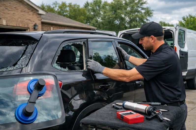 Mobile windshield technician replacing a side window on an SUV during on site auto glass service by SLP Autoglass