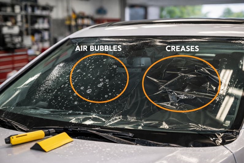 Air bubbles and peeling window tint on a newly replaced windshield showing common mistakes after windshield tint installation