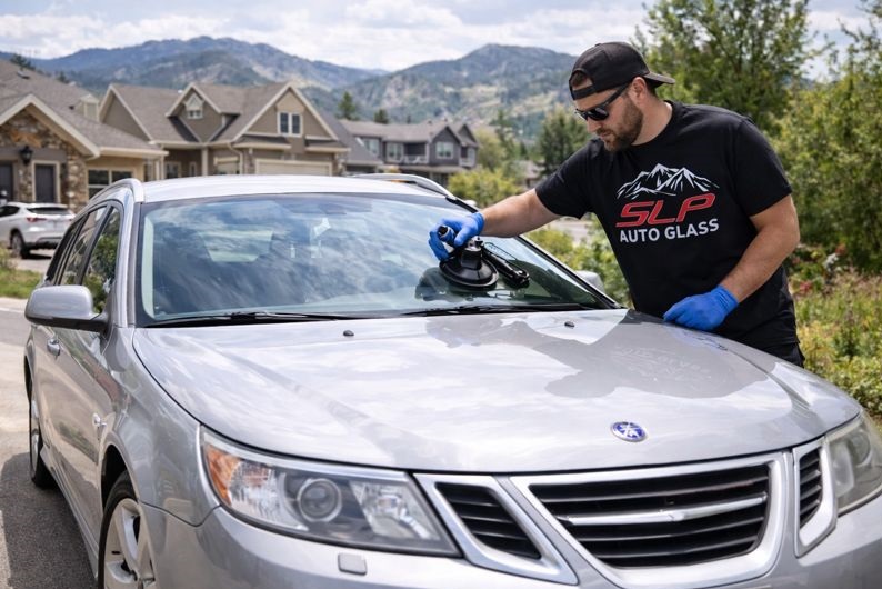 SLP Auto Glass technician repairing a Saab windshield in a Colorado neighborhood