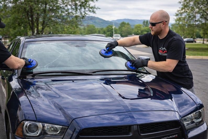Dodge Charger windshield replacement performed by SLP Auto Glass technicians on site