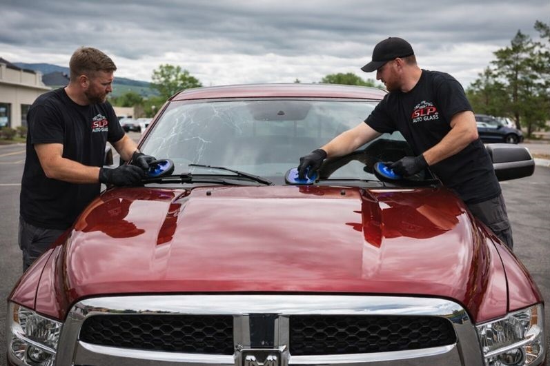 Dodge windshield replacement by SLP Auto Glass technicians using professional tools on site