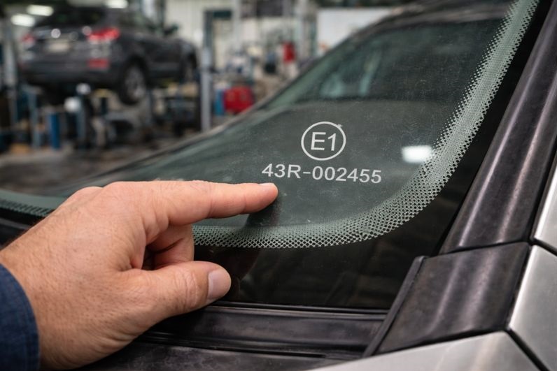 E mark certification etched on a vehicle windshield showing European approval code and safety standard number.