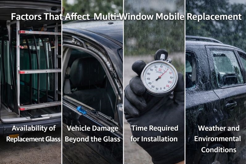 Factors affecting multi window mobile auto glass replacement including glass availability vehicle condition time and weather by SLP Autoglass