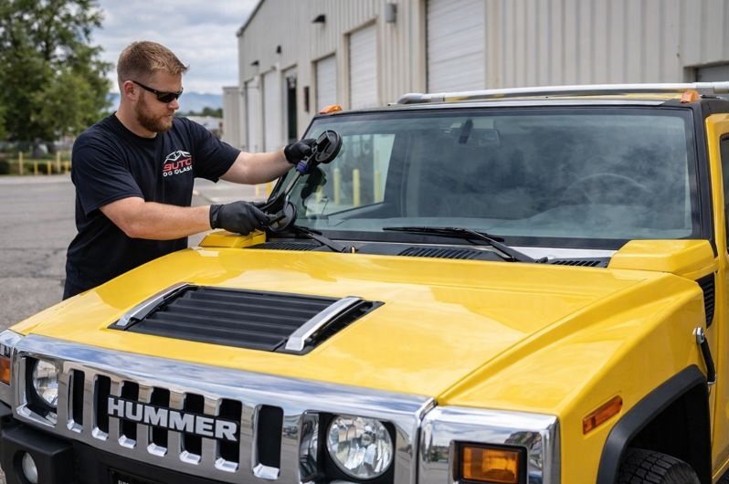 Hummer H2 windshield replacement by SLP Auto Glass technician