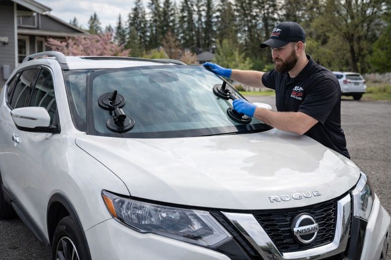 Nissan Rogue windshield replacement by professional SLP Auto Glass technician on site