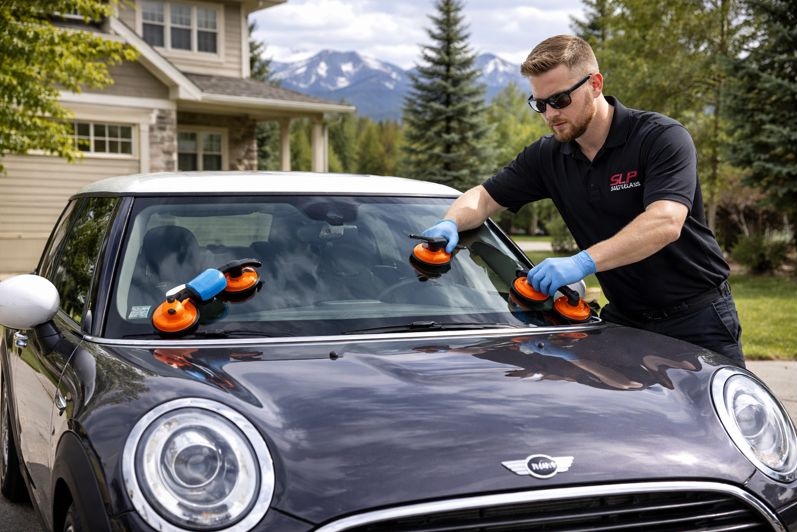 SLP Auto Glass technician replacing a MINI Cooper windshield in a Colorado neighborhood