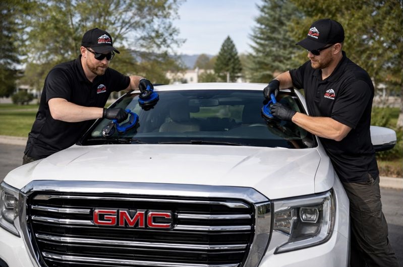 GMC windshield replacement by SLP Auto Glass technicians on a GMC truck