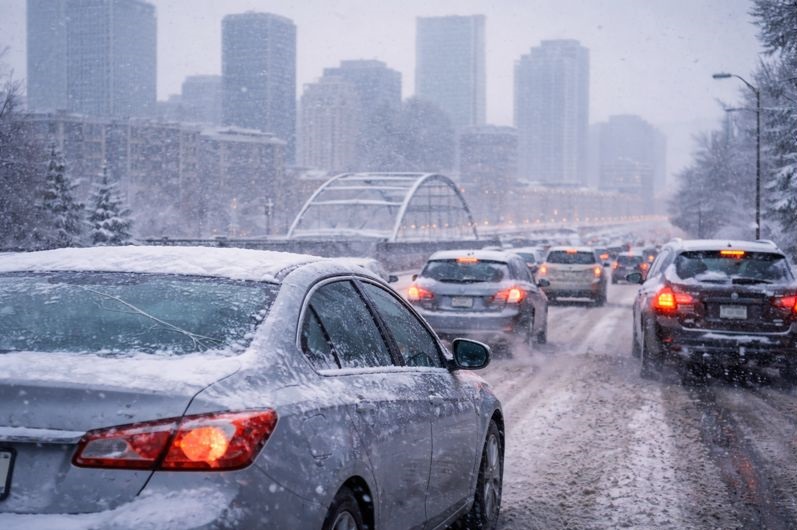 Snowy Denver traffic showing winter driving conditions that increase windshield crack risk