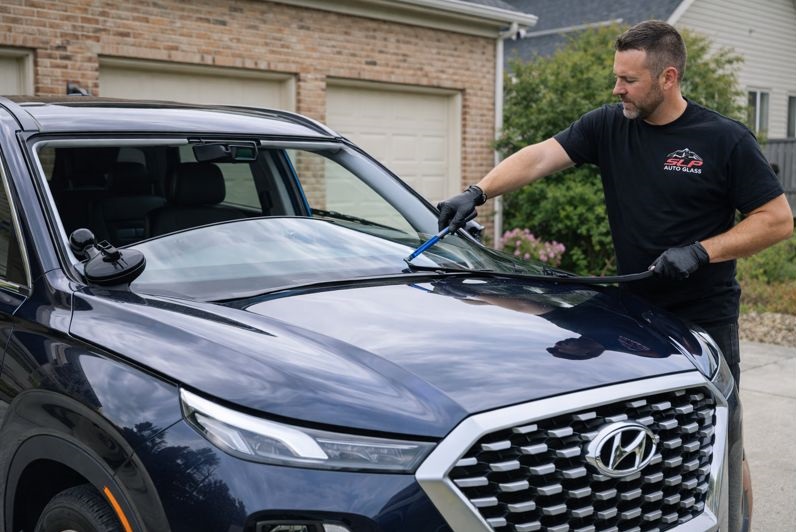 Hyundai SUV windshield replacement by SLP Auto Glass technician at customer location