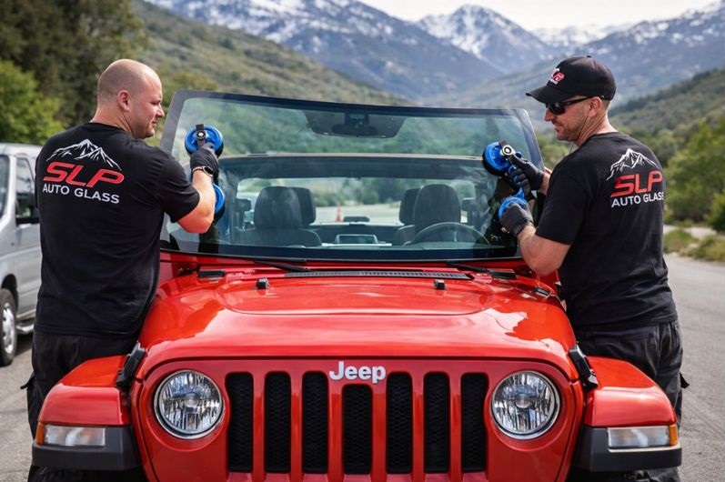 Jeep Wrangler windshield replacement by SLP Auto Glass technicians on site