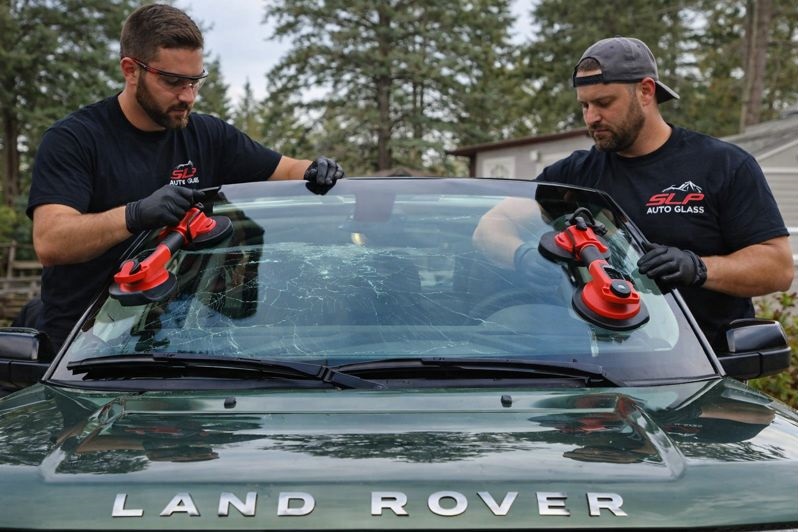 Land Rover windshield replacement by SLP Auto Glass technicians at a residential location