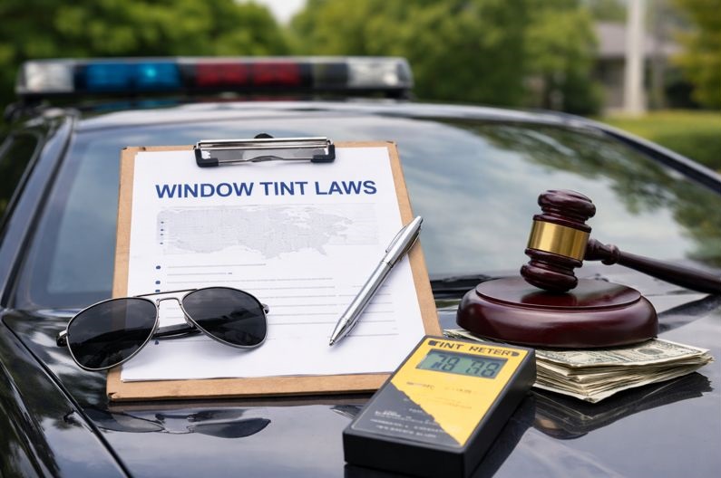 Windshield tint law compliance tools and tint meter shown on a vehicle to represent legal windshield tinting requirements