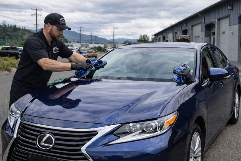 SLP Auto Glass technician replacing a Lexus ES 350 windshield