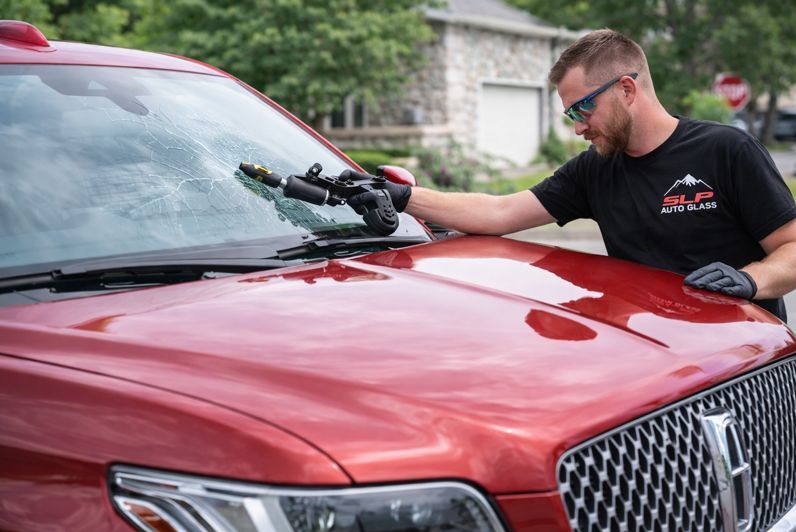 SLP Auto Glass technician repairing a cracked windshield on a red Lincoln Navigator at a residential location