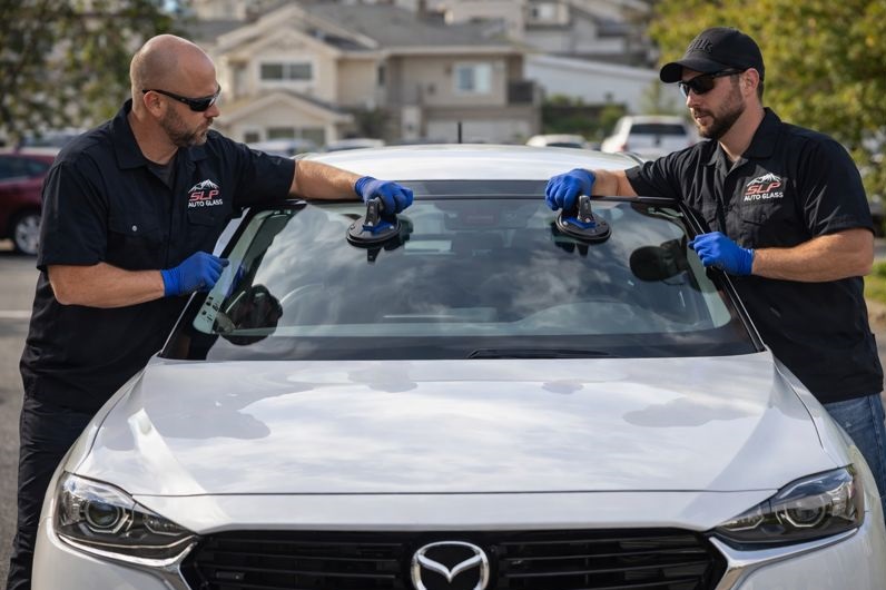 Mazda windshield replacement performed by SLP Auto Glass technicians on site