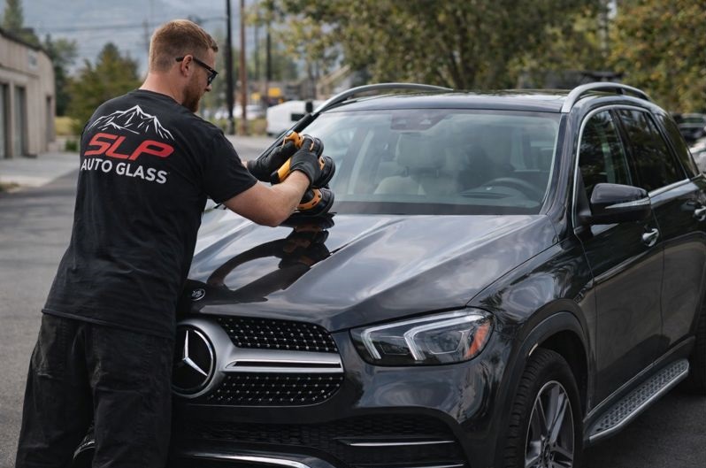 SLP Auto Glass technician replacing windshield on Mercedes-Benz SUV
