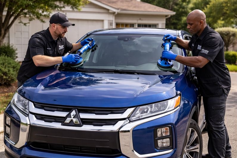 SLP Auto Glass technicians replacing a Mitsubishi Outlander windshield on-site