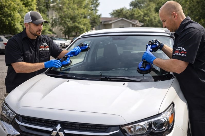 Mitsubishi windshield replacement performed by SLP Auto Glass technicians on-site