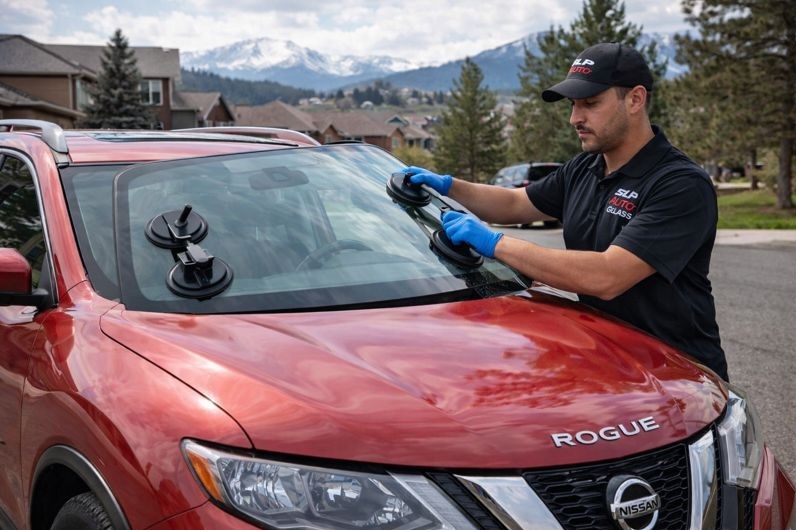 Nissan Rogue windshield replacement by SLP Auto Glass technician in a Colorado neighborhood