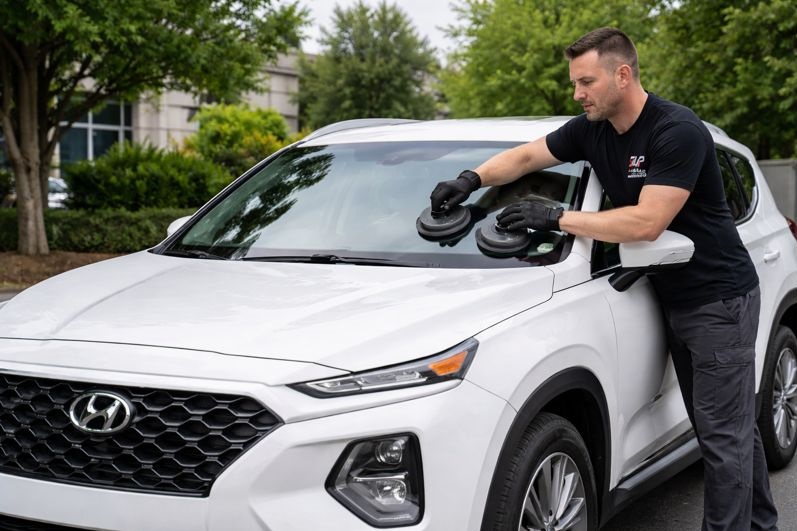 Hyundai Santa Fe windshield replacement by SLP Auto Glass technician