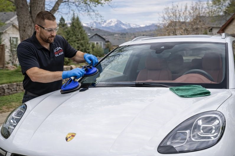 SLP Auto Glass technician replacing a Porsche Cayenne windshield in a Colorado neighborhood