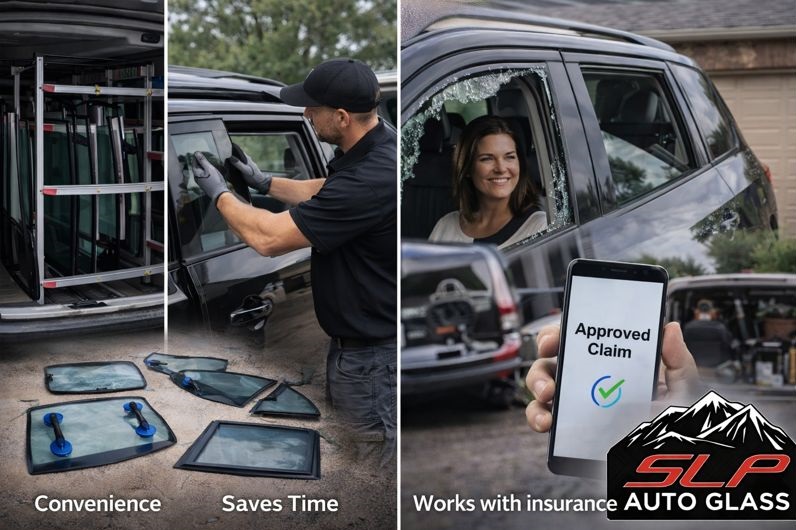 SLP Autoglass mobile multi window replacement service performing on site windshield and window replacement at a residential location