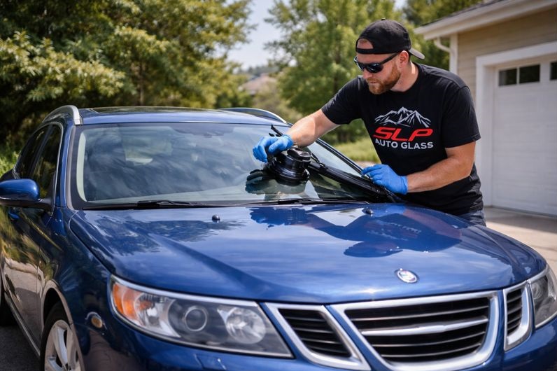SLP Auto Glass technician repairing a Saab 9-3 windshield at a residential location