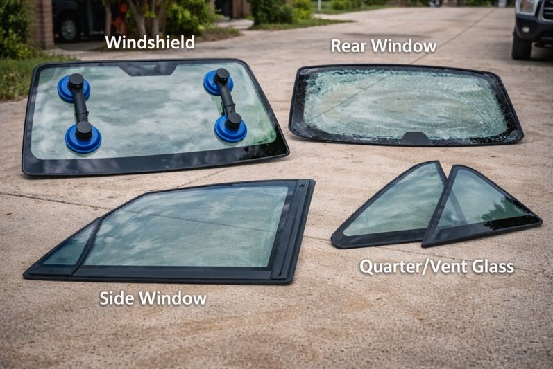 Types of auto glass replaced by mobile technicians including windshield side window rear window and quarter glass by SLP Autoglass