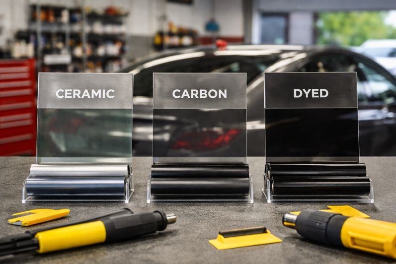 Ceramic, carbon, and dyed windshield tint film options displayed at SLP Autoglass for post replacement windshield tinting
