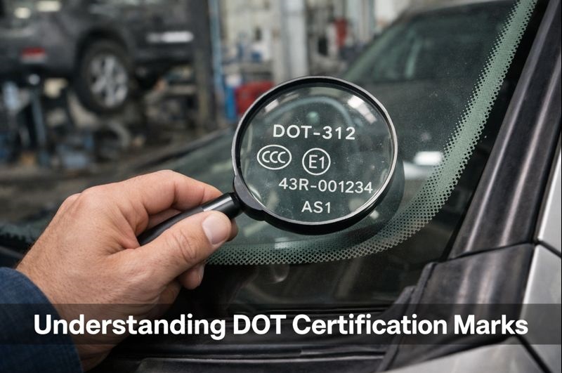 Understanding DOT certification marks on a windshield with a magnifying glass highlighting the DOT number and safety glass markings.