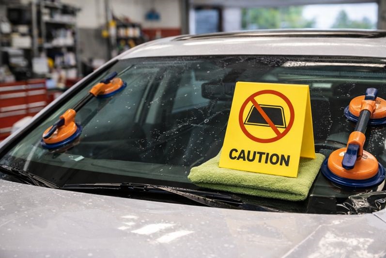 Newly replaced windshield with visible curing adhesive and caution tape indicating waiting period before applying windshield tint