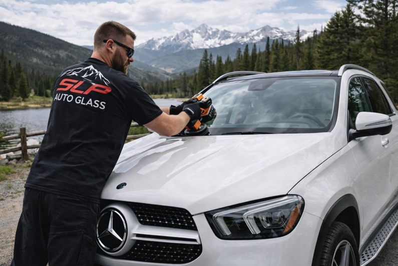 SLP Auto Glass technician replacing Mercedes-Benz windshield in Colorado