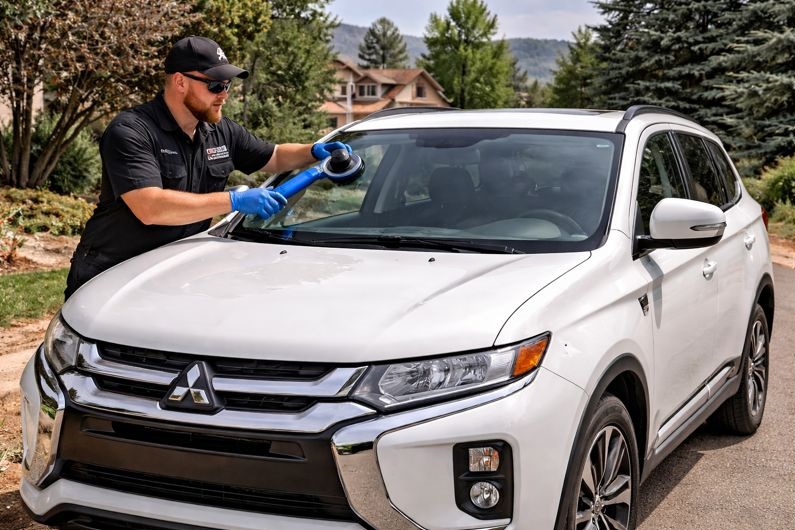 SLP Auto Glass technician replacing a Mitsubishi Outlander windshield in Colorado