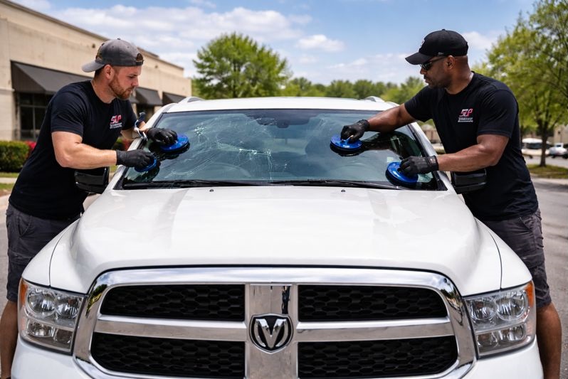 Dodge Ram windshield replacement performed by SLP Auto Glass technicians on site
