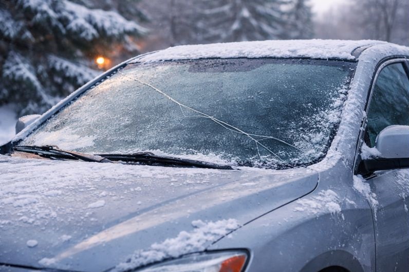 Cold weather stress crack on car windshield caused by freezing temperatures and glass contraction