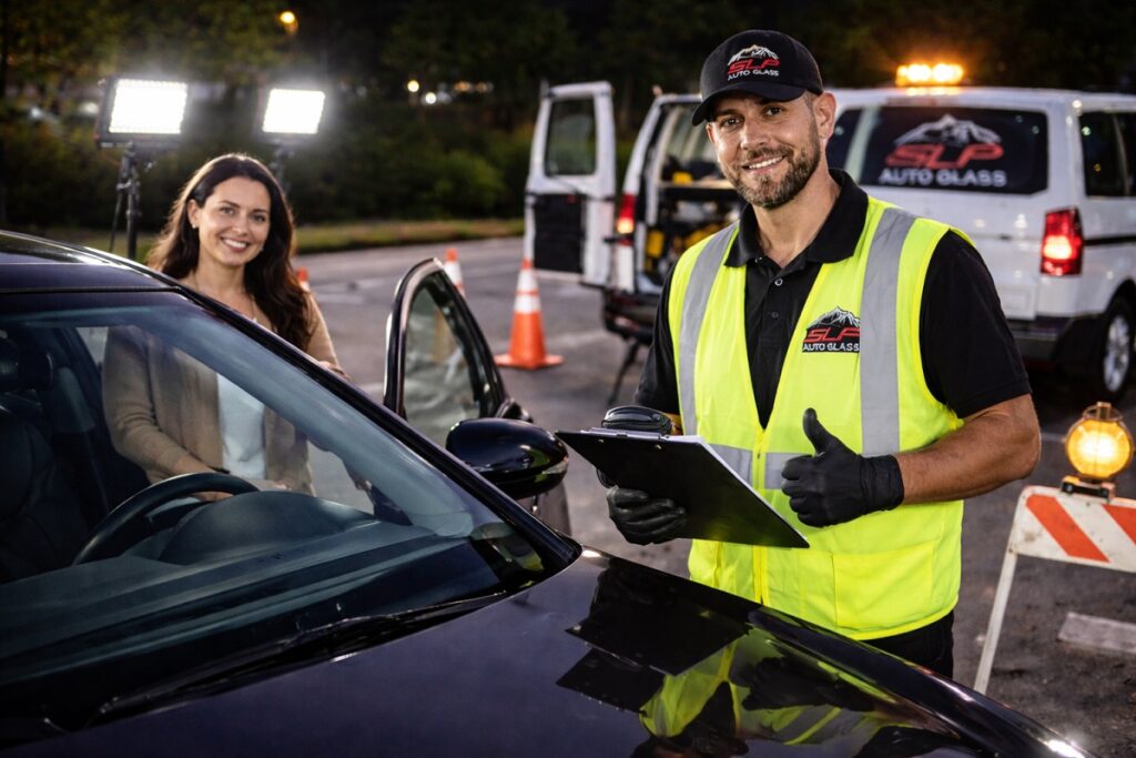 SLP Auto Glass technician completing professional mobile windshield replacement at night with satisfied customer