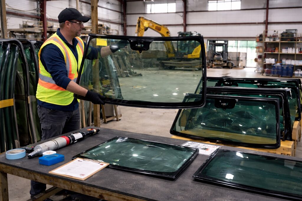 Technician holding full size Ford F150 windshield in warehouse for professional replacement by SLP Autoglass.