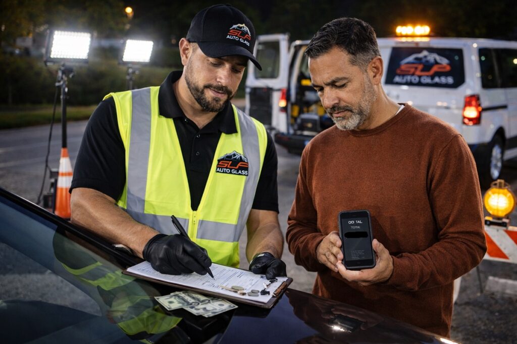 SLP Auto Glass technician reviewing mobile windshield replacement cost with customer at night