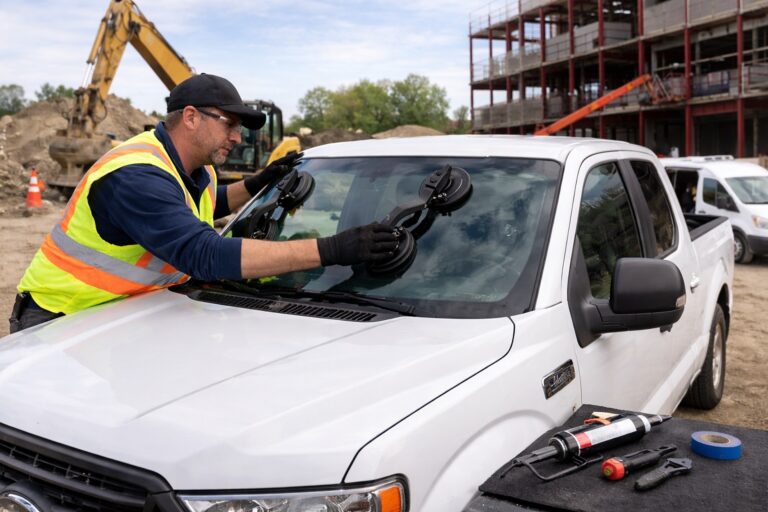Mobile technician performing windshield replacement on a Ford F150 at a construction job site for SLP Autoglass.