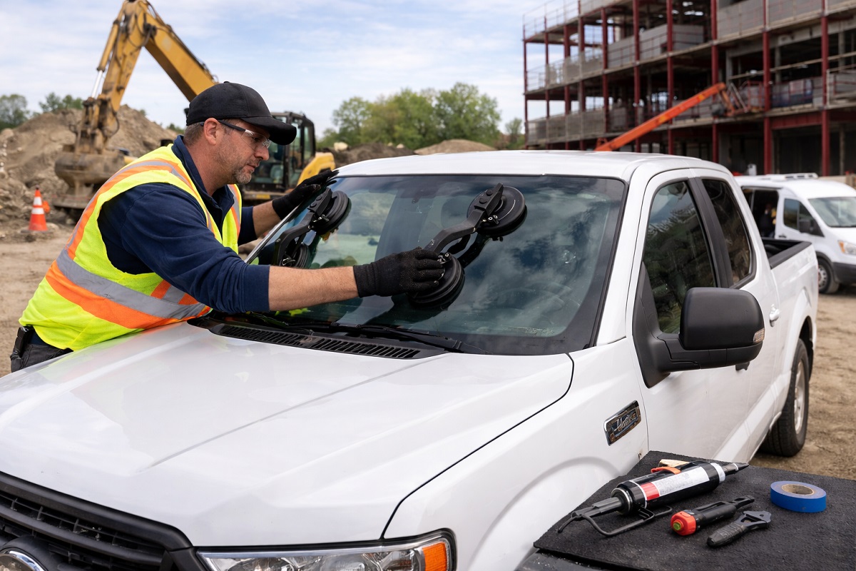 Mobile technician performing windshield replacement on a Ford F150 at a construction job site for SLP Autoglass.