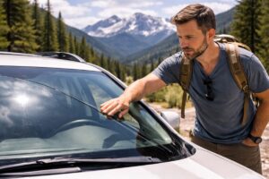 Vacationer inspecting long windshield crack on SUV during Colorado mountain road trip | SellMyCarColorado