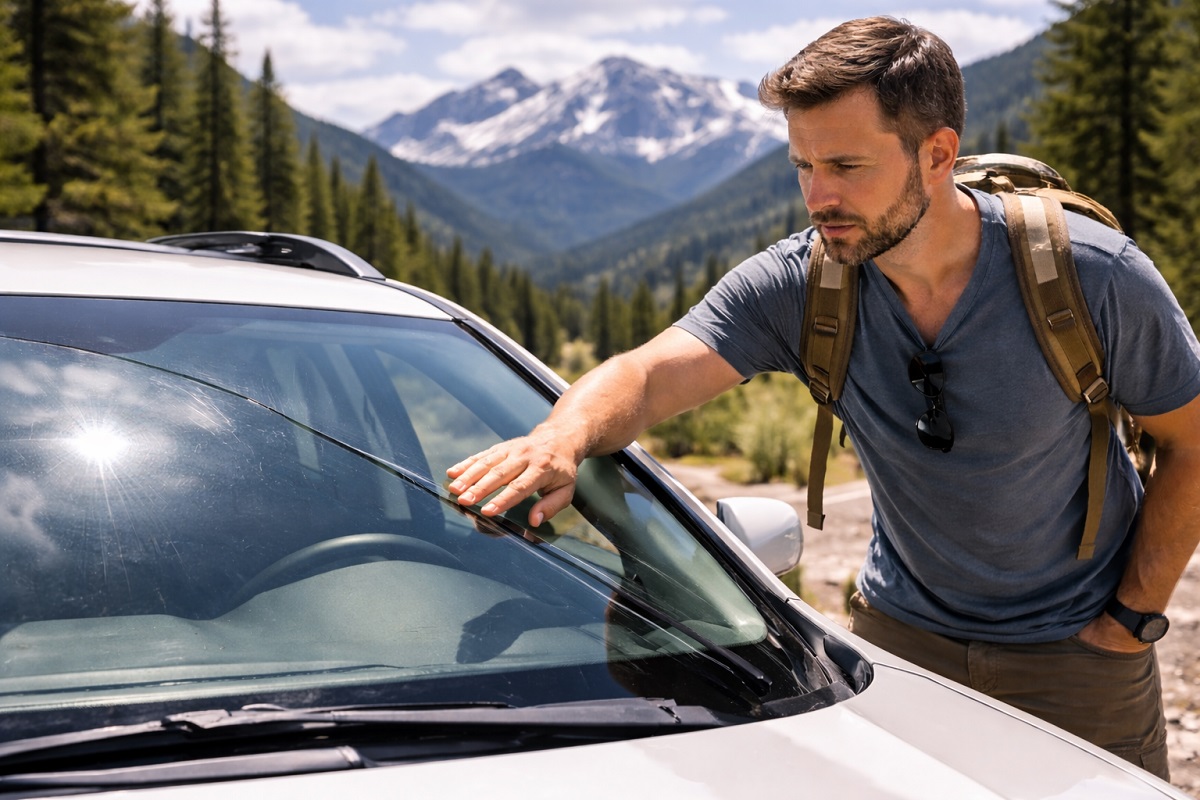 Vacationer inspecting long windshield crack on SUV during Colorado mountain road trip | SellMyCarColorado
