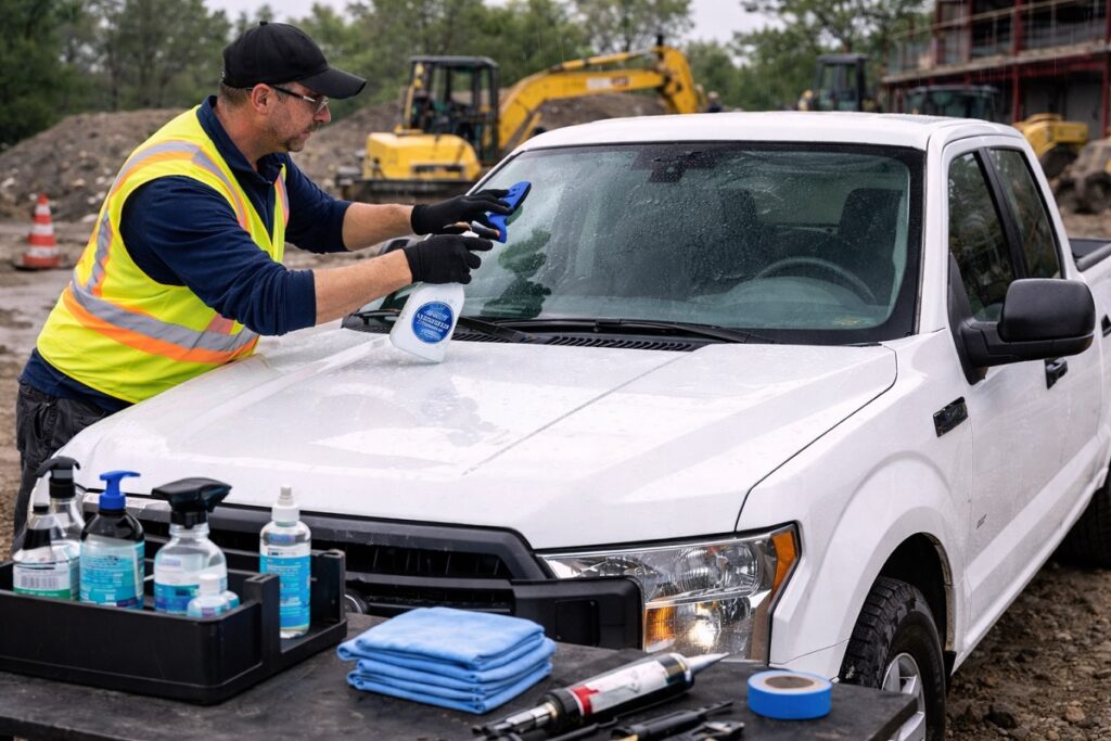 Technician applying windshield protection to full size Ford F150 at construction job site for SLP Autoglass.